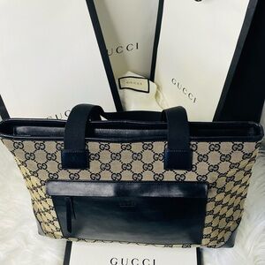 Gucci GG Supreme Canvas Tote with Black Leather Pockets and Trim. Cert of Auth